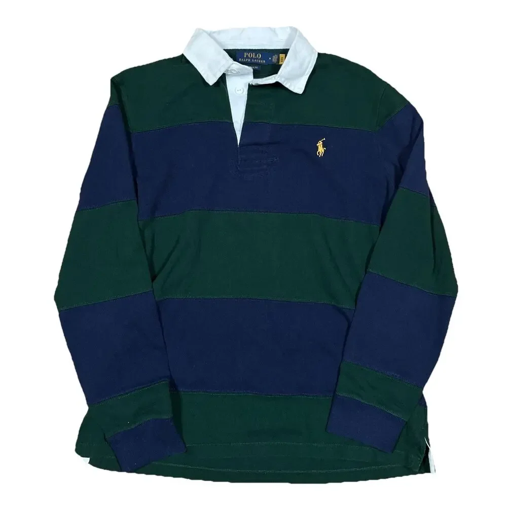 Iconic Rugby Shirt Polo Ralph Lauren Men's Medium Classic Fit Green Blue Stripes